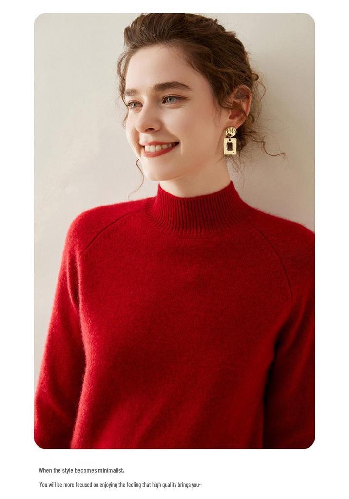 Women's 2024 Winter Cashmere Pullover: Thickened, Skin-Friendly, Half-High Collar, Raglan Sleeves, Loose Fit Sweater.