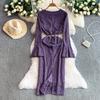 French Celebrity Muse Fan Flocking Lace V-Neck Horn Long Sleeve Design Chain Waist Skinny Dress Dress
