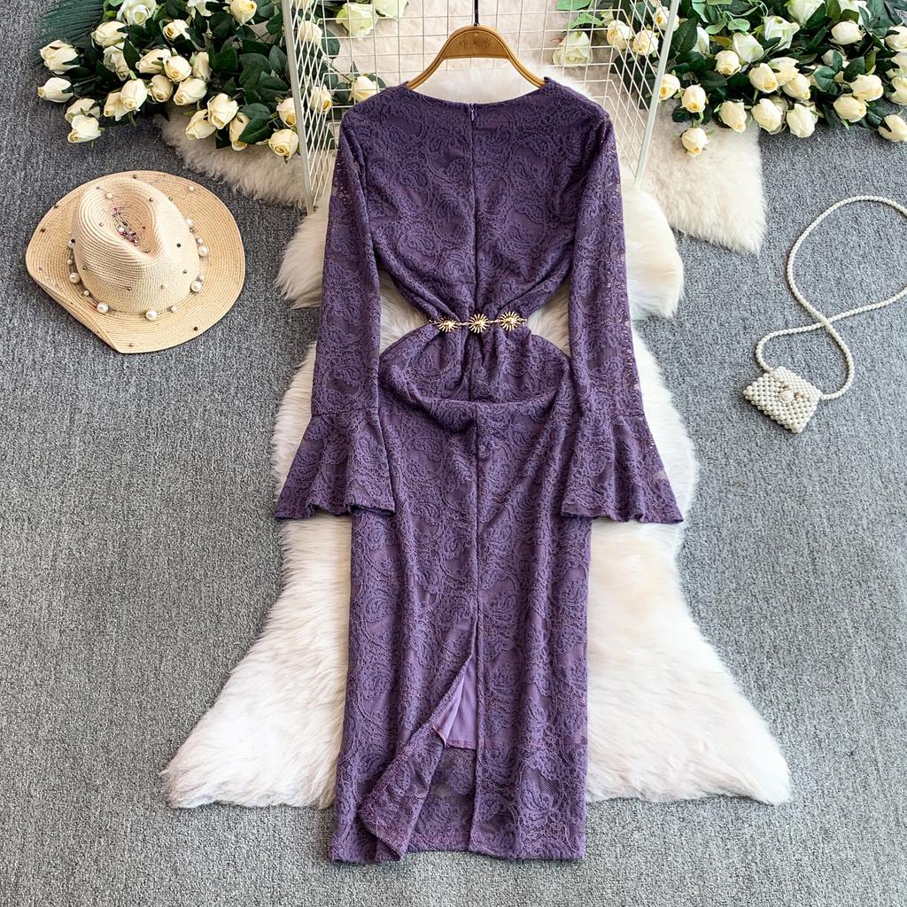 French Celebrity Muse Fan Flocking Lace V-Neck Horn Long Sleeve Design Chain Waist Skinny Dress Dress