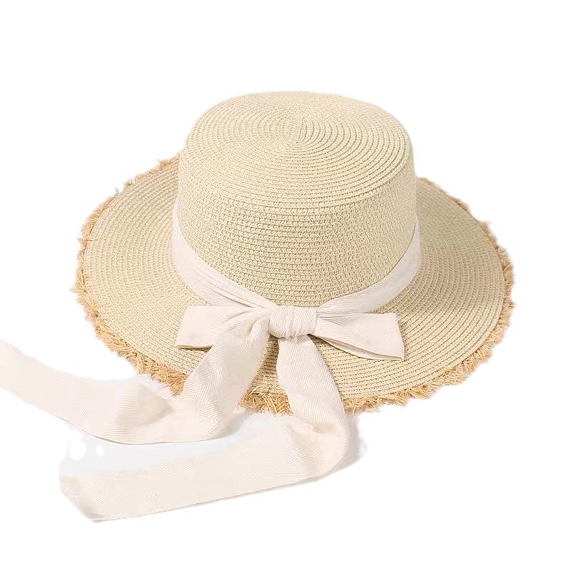 Women's Summer Japanese Style Versatile Frayed Edge Straw Hat Flat Top Vacation Outing Woven Sun Hat Bowknot Sunshade Beach Hat