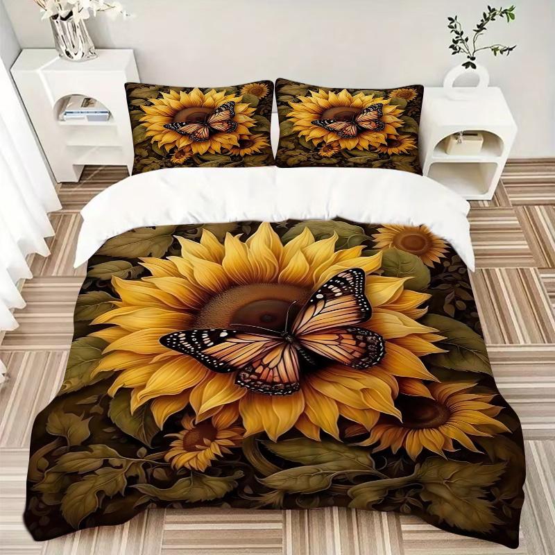 3pcs Sunflower & Butterfly Printed Quilt Set - Soft and Comfortable Quilt Cover for Bedroom, Guest Room L102