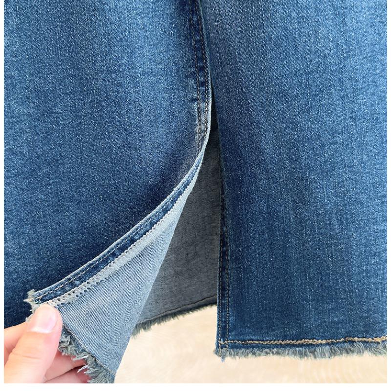 DIMANAF 2026 Autumn New Plus Size Women Denim Skirt Elastic Waist A-Line Long Skirt Fashion Lady Bottoms Beading Blue