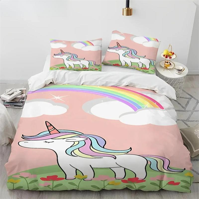 Unicorn Cute Cartoon Comforter Bedding Set,Duvet Cover Bed Set Quilt Cover Pillowcase,Queen Bedding Set For Child Boy Girl Gift