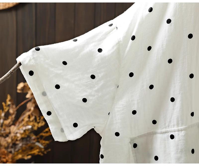 2025 Women's Cotton Linen Polka Dot Shirt - Short Sleeve, Loose Fit, Plus Size, Artistic Casual Summer Jacket
