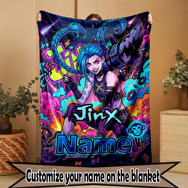 Custom Name Personalized Jinx League of Legends Print Blanket, Home Decor, Bedroom, Sofa, Camping, Couch, Gifts for Birthday Christmas