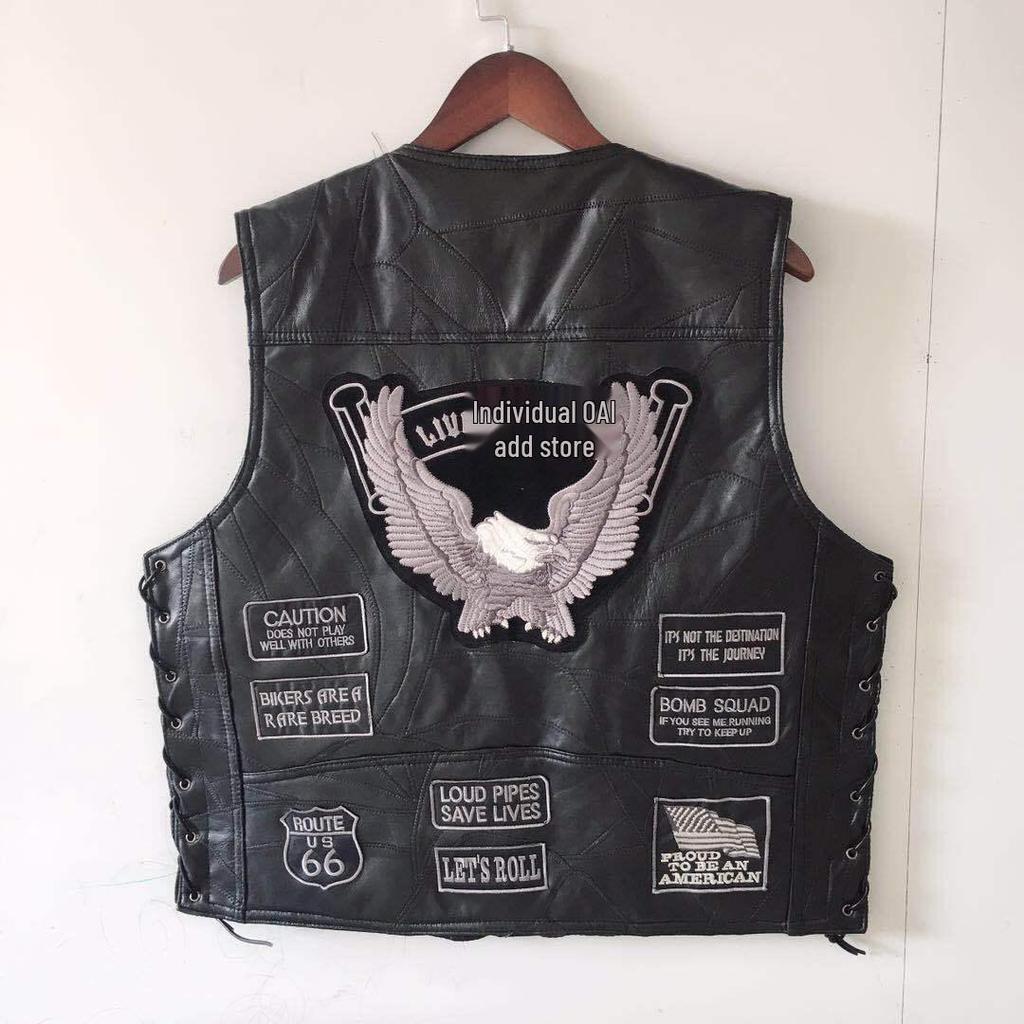 Gilet da motociclista in pelle da uomo europeo e americano con stemmi ricamati