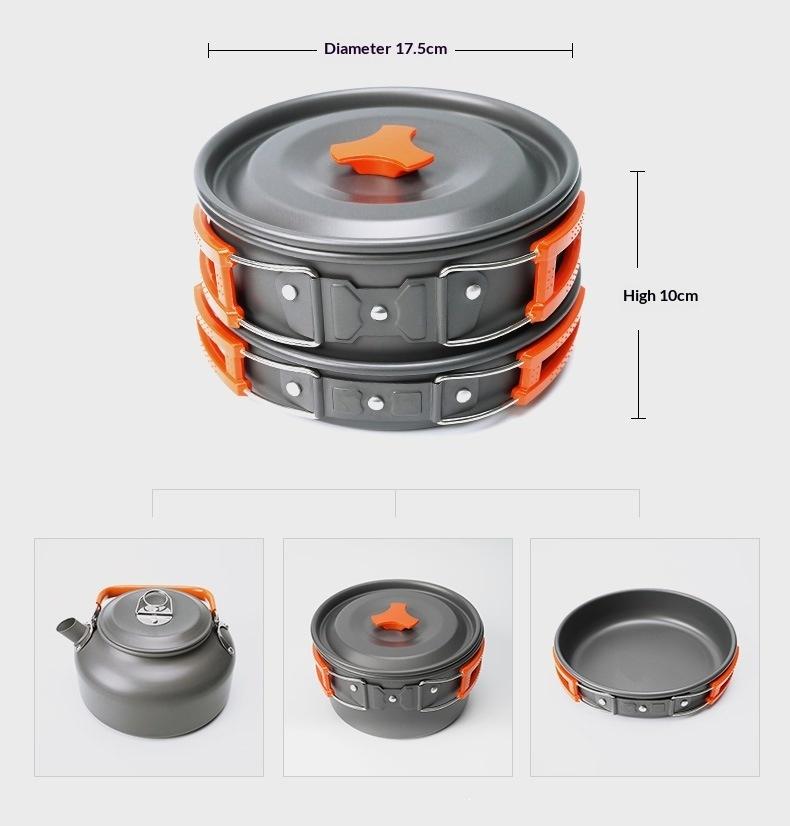 Portable Lightweight Outdoor Stainless Steel Finish All-in-One Mega Bundle Cookware Set Frying Pan/Skillet 1-2L Capacity Camping