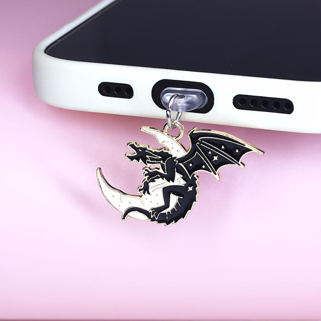 Mobile Phone Dust Plug, Fashionable Black and White Moon, Flying Dragon Bat Wing Pendant Mobile Phone Dragon Series Style, Ideal Best Gift, Halloween