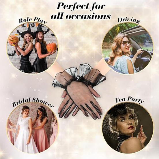 Damer Rynkade Tyllhandskar Genomskinliga Handledshandskar Retro Stil Bröllop Brud Korta Handskar för Bal Kväll Cosplay Fest Scenkostym