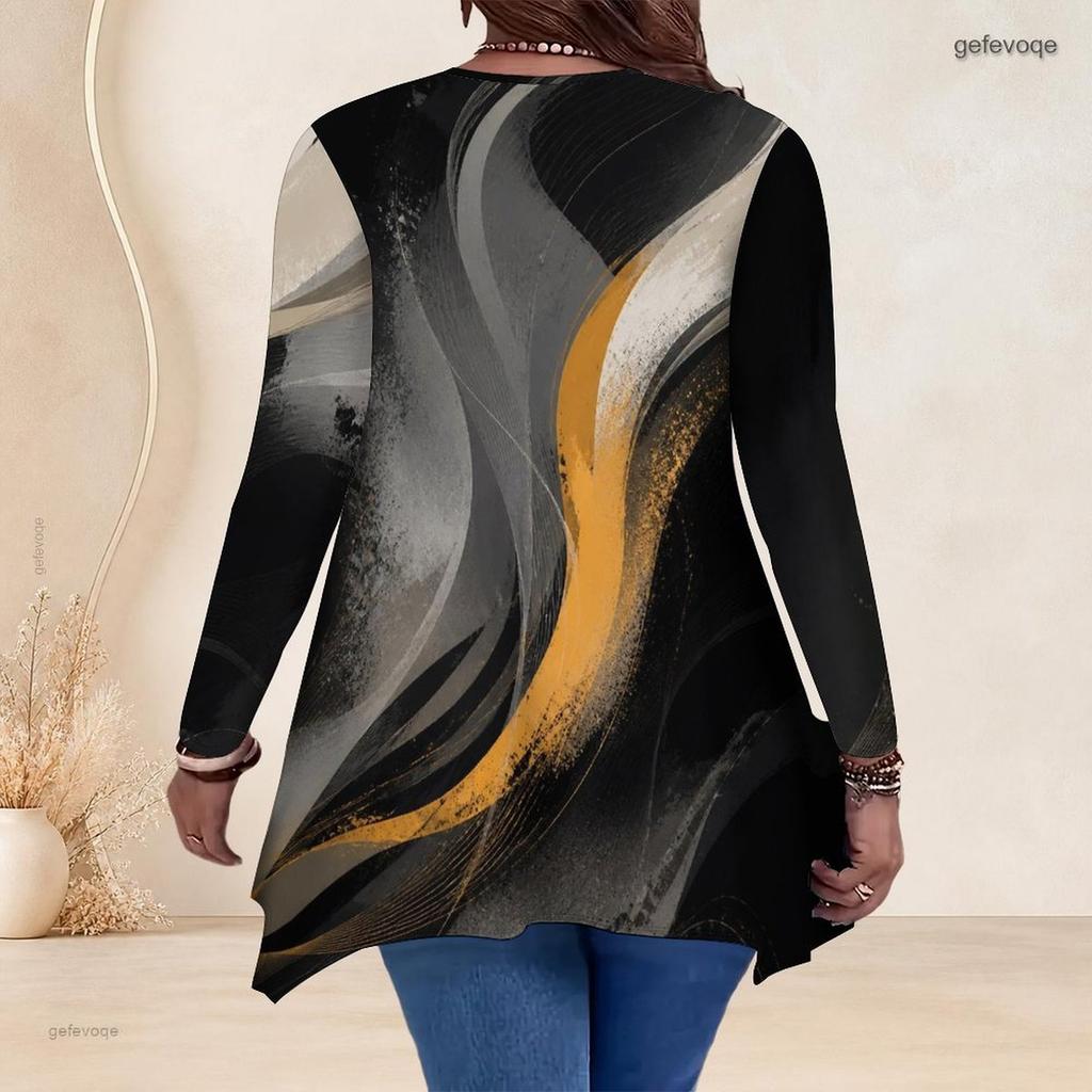 Women Plus Size V Neck Long Sleeve Colorful Printed Asymmetric Hem Flared Tunic Top