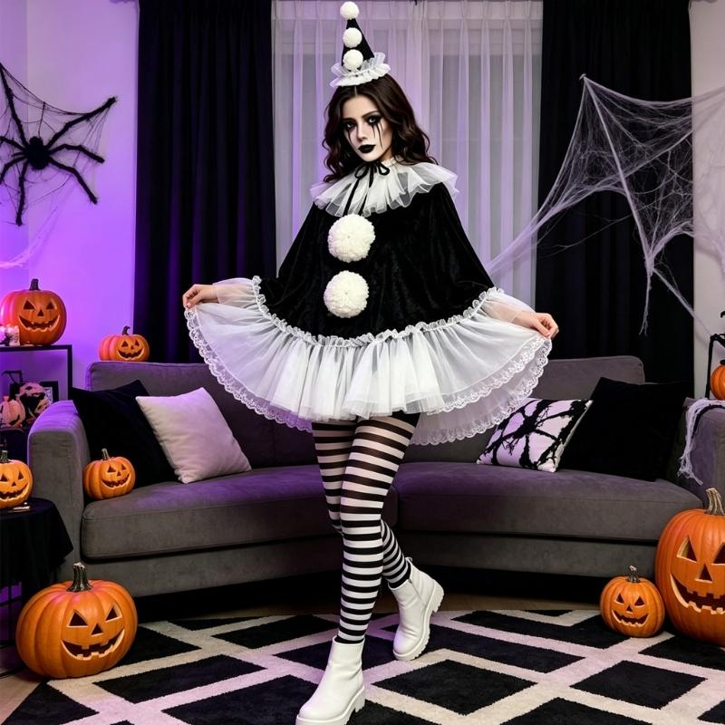 Adult Halloween Outfit Set, Black White Party Costume with Ruffle Collar and Pull On Styling for Dance Photos