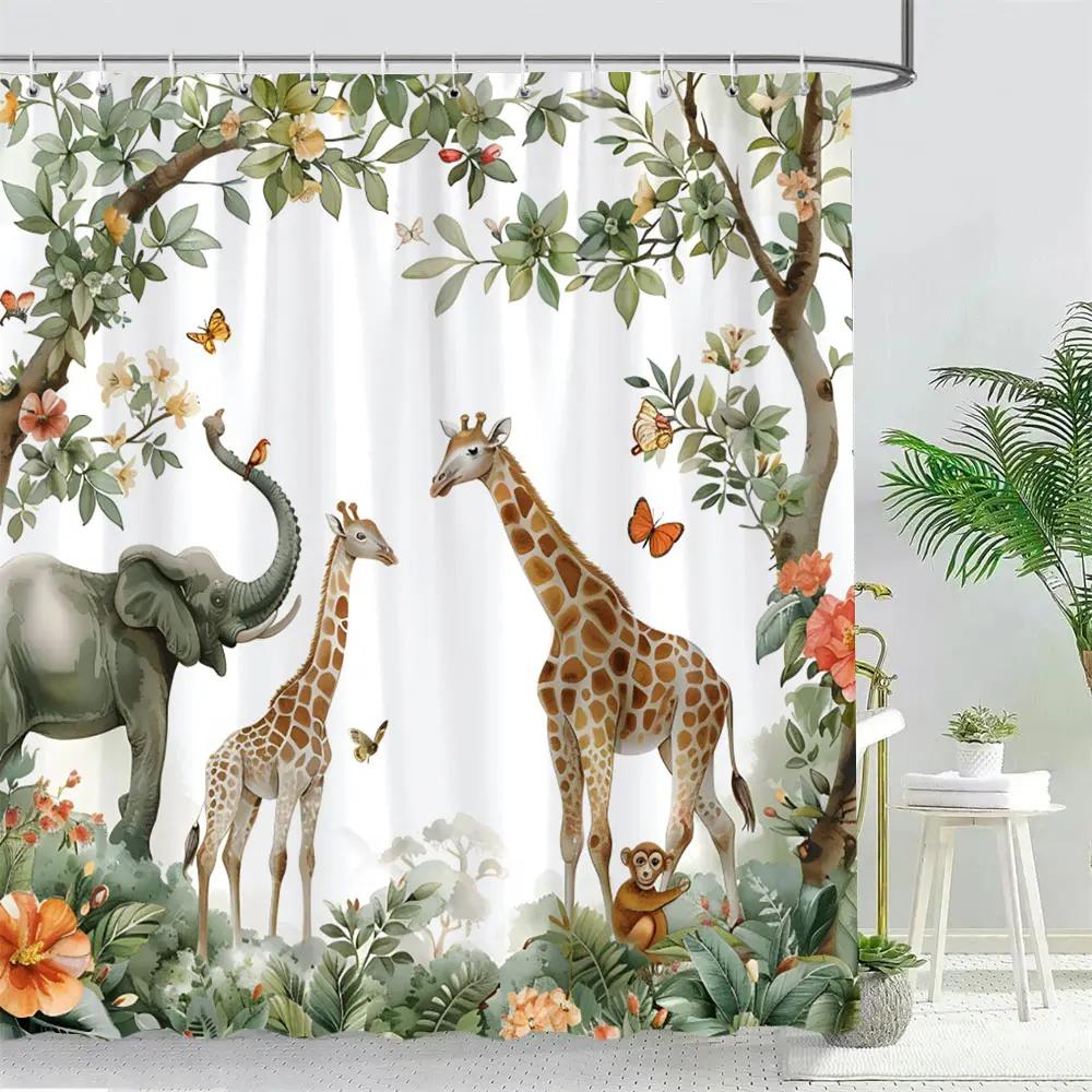 Funny Forest Animals Shower Curtain Elephant Giraffe Monkey Parrot Watercolour Art Creative Printed Bath Curtains Bathroom Decor