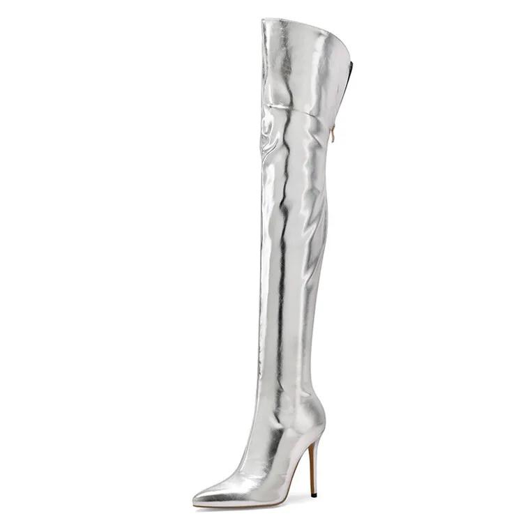 Sexy Silver Gold Rear Zipper Over Knee Boots Women's Pointed High Heels European and American Fashion Long Boots Big Size
