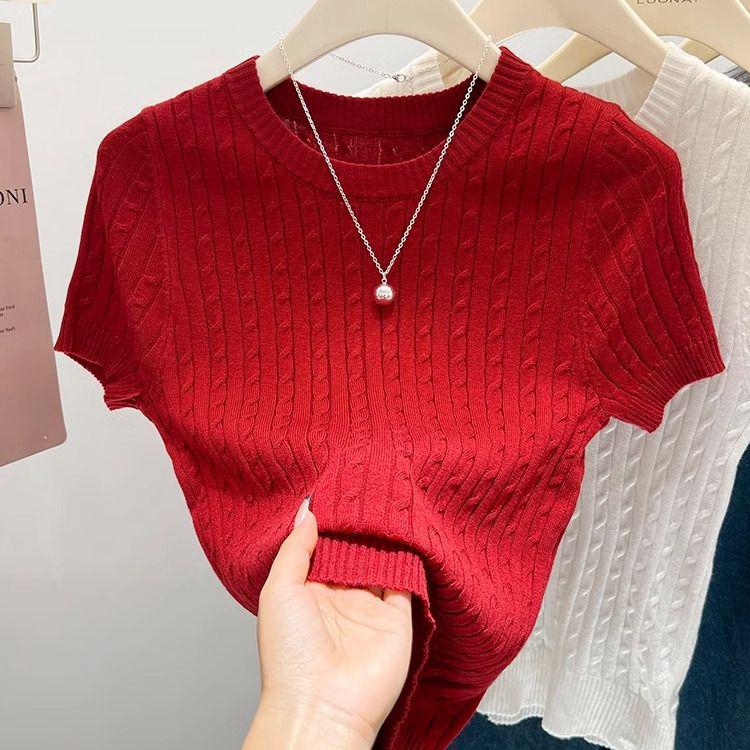 Women's Dark Blue Slim Fit Knit T-Shirt - Short Sleeve, Lightweight Summer Top.