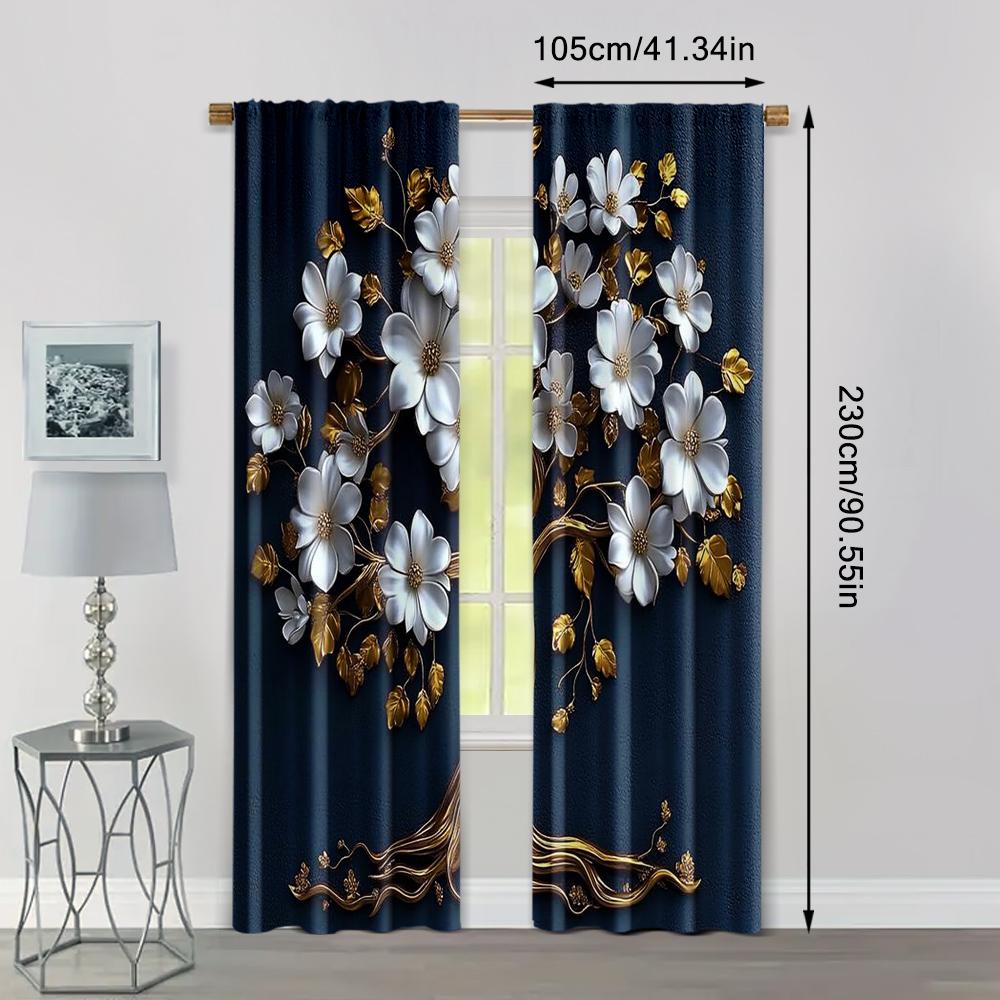 2pc,  Drapes elegant 3d blue & golden tree of life tapestry polyester wall hanging for living room bedroom and home decor Light