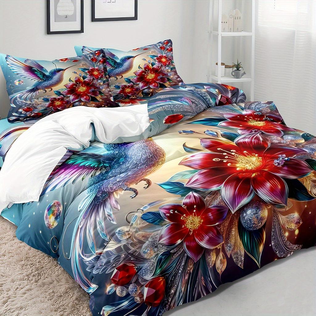 3Pcs Hummingbird Duvet Cover Set, 1*Duvet Cover, 2*Pillowcases, Without Inserts, Soft And Comfortable Breathable Quilt Cover Set