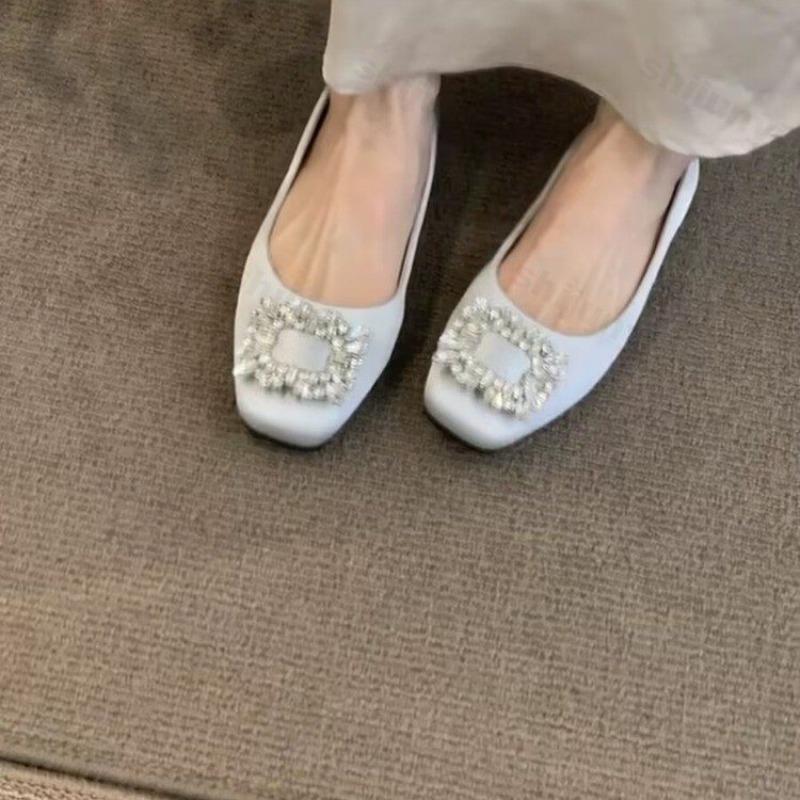 Woman Flats Square Toed Rhinestone 2026 Autumn Shallow Mouth Dress Fashion Flat Shoes Comfortable Silk Outdoor Casual Shoes
