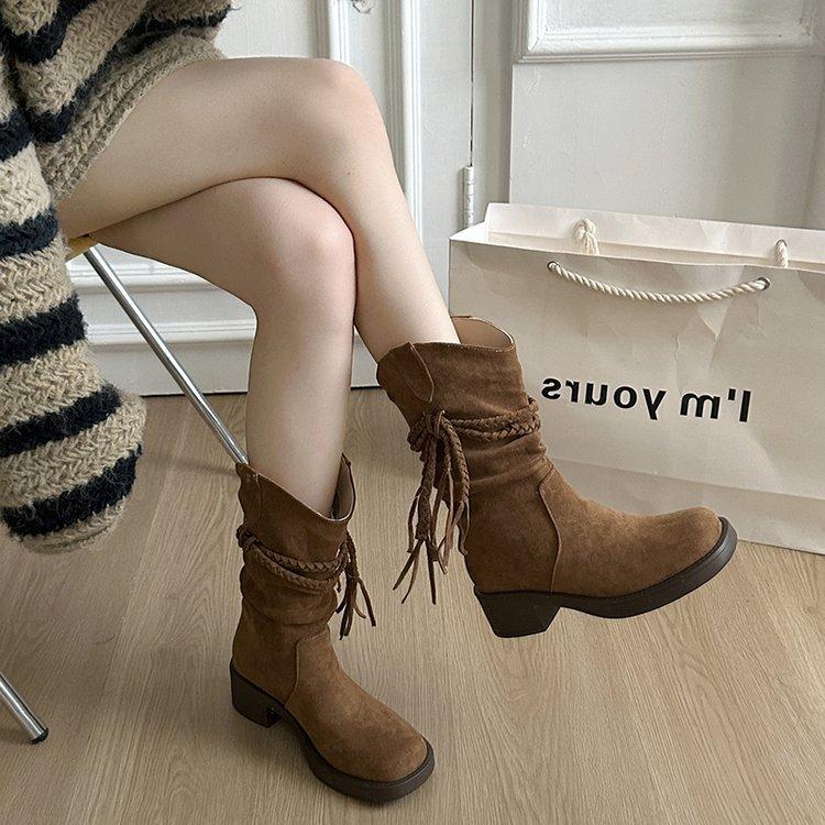 Soft Leather Version~ Thick-soled Boots Female Waste Retro Style Knight Boots Frosted Fringed Hemp Rope Casual Thick Heel Medium Boots