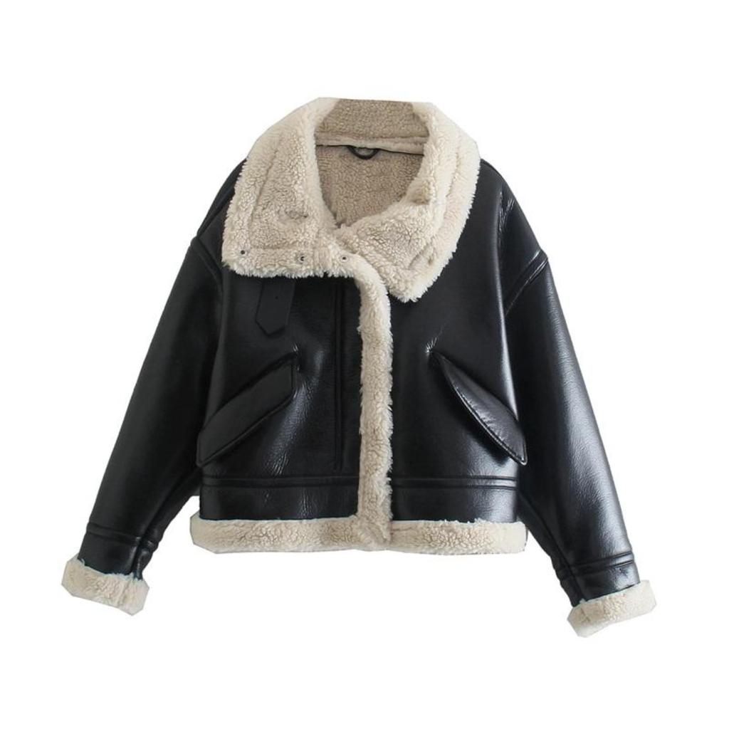 MESTTRAF Frauen Mode Dicke Warme Winter Faux Leder Jacke Mantel Vintage Lange Hülse Weibliche Oberbekleidung Chic Tops