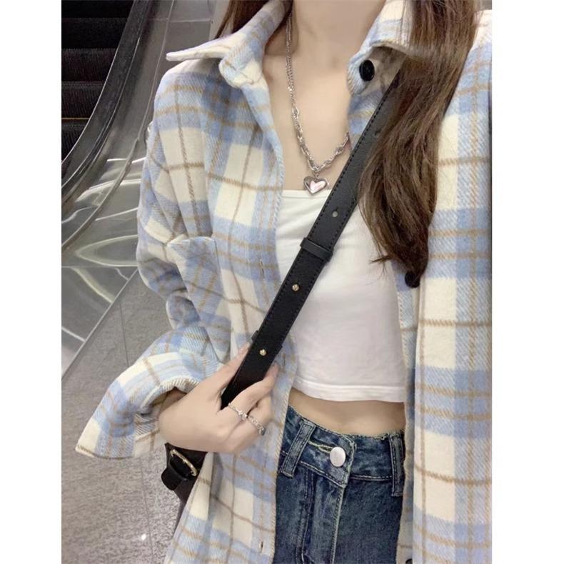 1116 New Plaid Shirt Women's French Long-sleeved Top Design Sense Niche Lazy Jacket Shirt Spring and Autumn