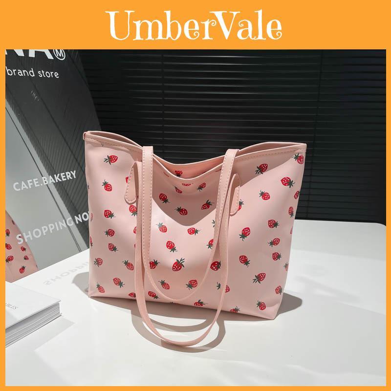 Sweet Cherry Printed Tote Bag For Women Large Capacity Street Style Pu Handbag