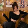Straps Chic Slanted Shoulders Sexy Neck Pure Desire Spice Girl One-word Long-sleeved T-shirt Women's Slim Top Autumn Short Navel