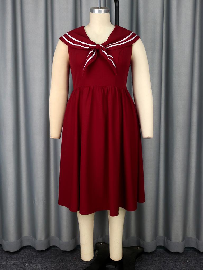 Codzienna sukienka A-line dla kobiet z marynarskim kołnierzem, detalem w postaci kokardy, bez rękawów, plisowana, midi, elegancki styl vintage, letnie stroje codzienne