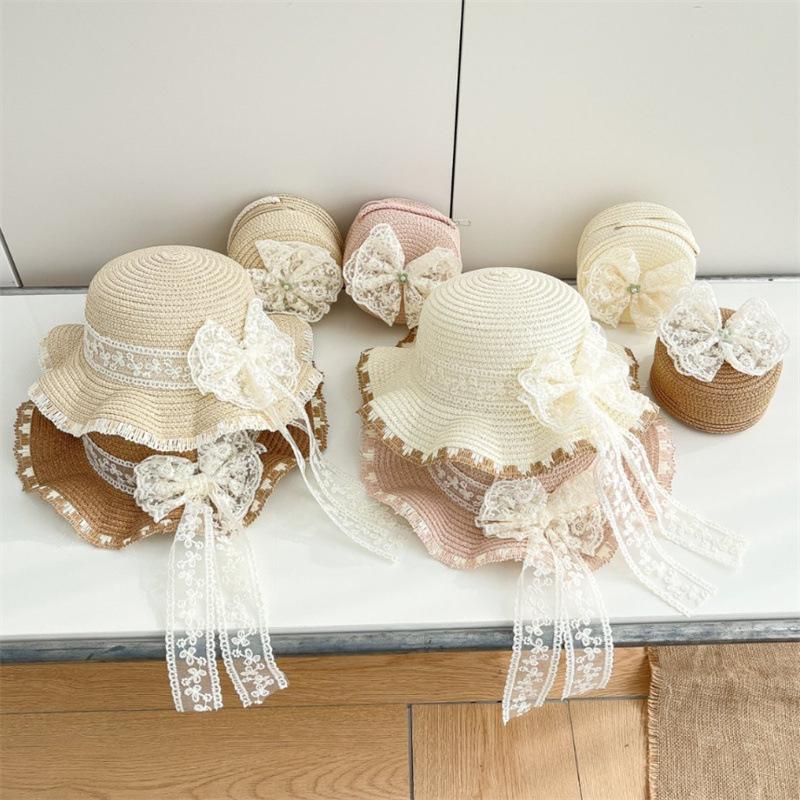 Kids Baby Girls Sun Hat And Straw Beach Bag Set with Elegant Lace Bowknot Trim Wide Brim for Vacation Beach Toddlers 2pcs