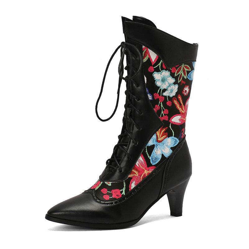 

New women s medium boots printed fabric splicing pointed thick heel high heel front strap block 39 чорний