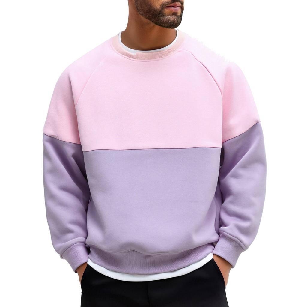 Men's And Women's Casual Color-blocking Faux Two-piece Round-neck Hoodies, Men's Trendy Color-blocking Long-sleeved Tops
