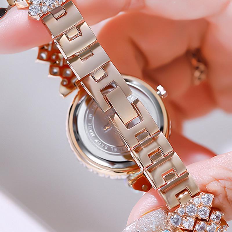Diamond-Studded Minimalist Quartz Bracelet Watch with Pearl - Elegant and Luxurious Fashion Gift