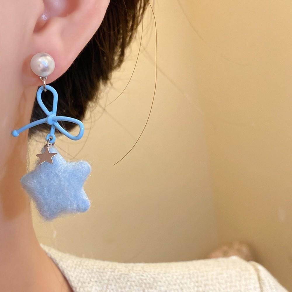 Pearl Winter Bow Star Earrings Plush Pendant Y2K Drop Earrings Plush Star Earrings  Girls Gift