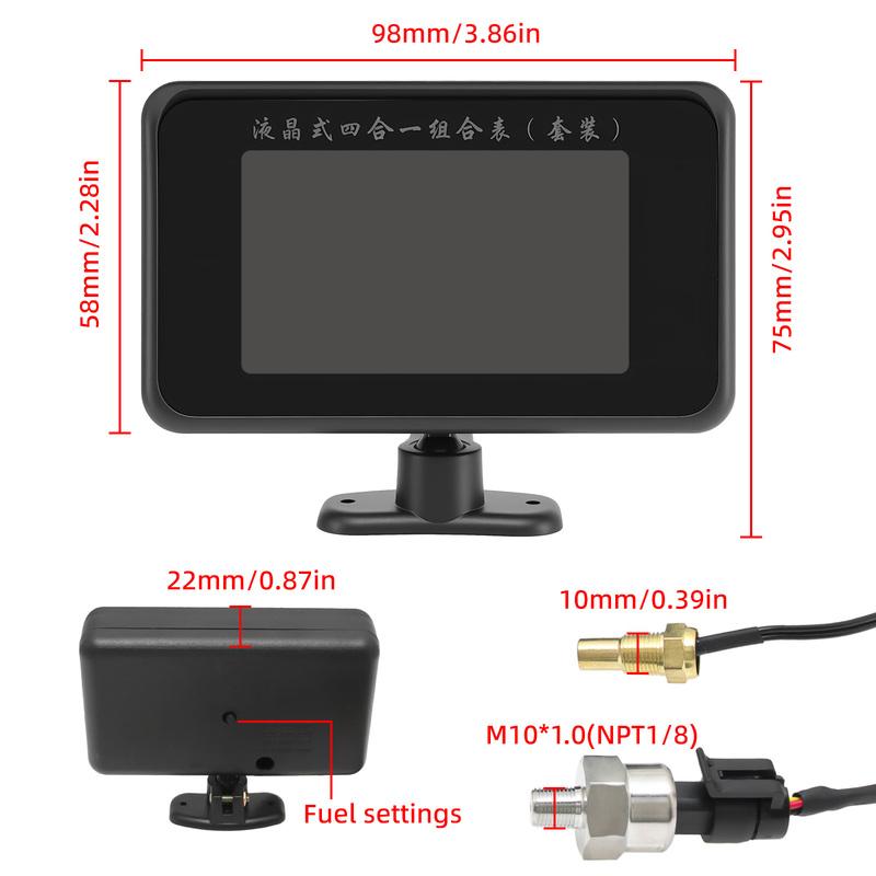 HD Digital Car LCD Display Gauge Universal 4 in1 Water Temp Voltage Fuel Level Oil Press Instruments Sensor NPT 1/8 12V/24V