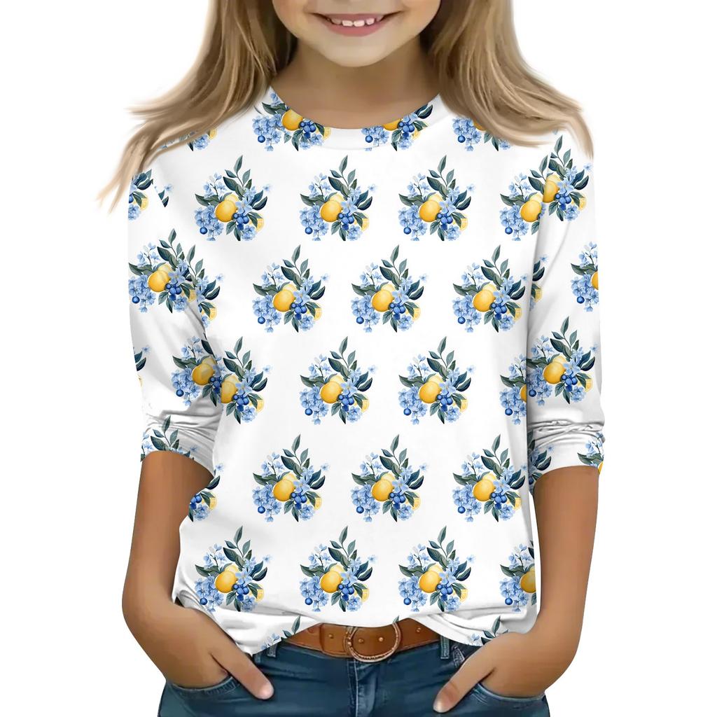 Print Tops For Youth Girls 5-16 Years Round Neck 3/4 Sleeves T-Shirts Trendy Tops Outfit Tees