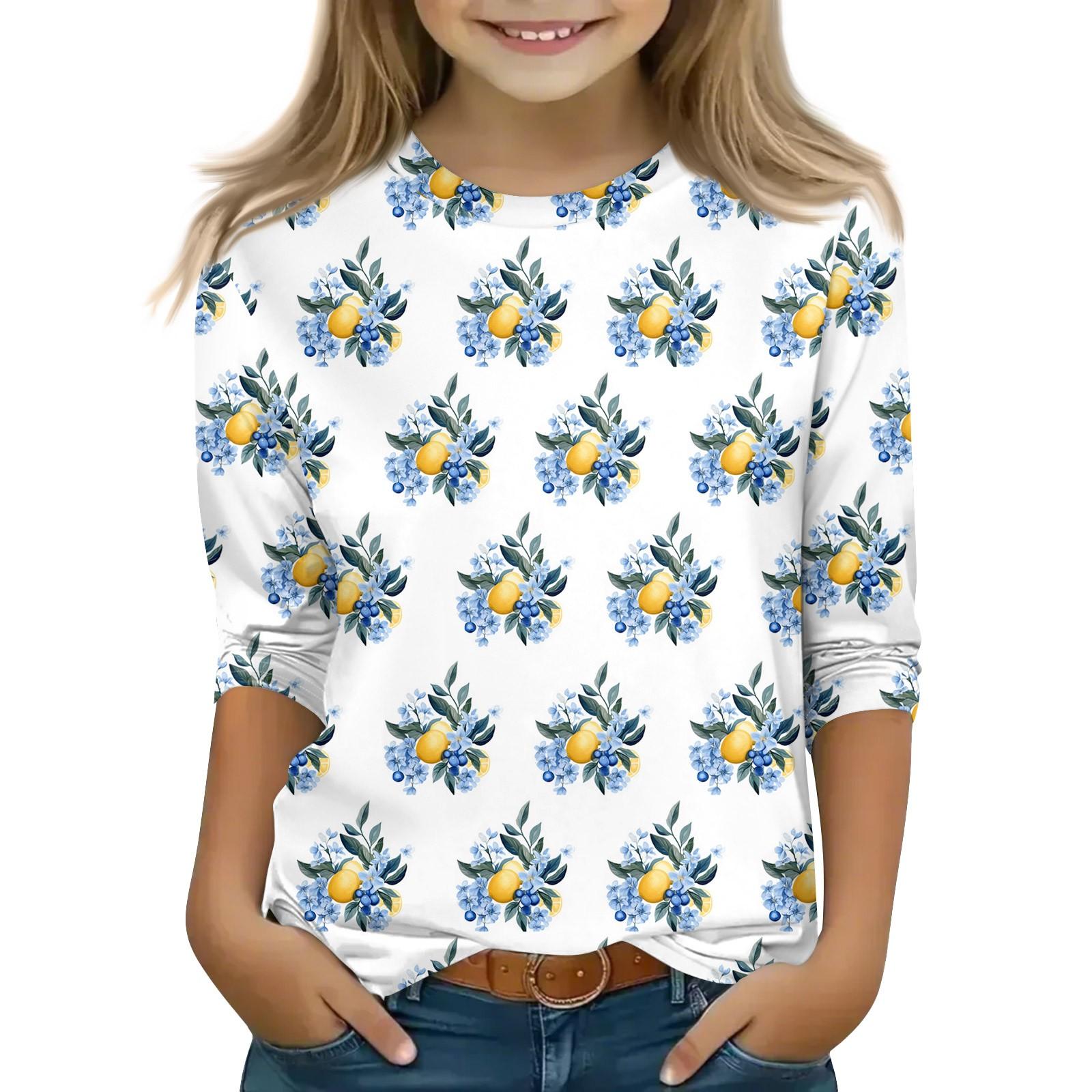 

Print Tops For Youth Girls 5-16 Years Round Neck 3/4 Sleeves T-Shirts Trendy Tops Outfit Tees 120 білий