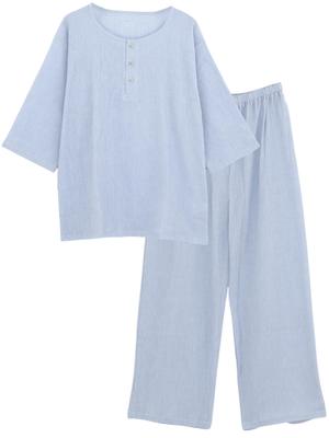 PAJAMA FAMILY Kaitak Family SUIMIN CARE Cotton Willow Pajamas with Henley and Sizes and LL Sax Men's Japanese-Made 100% Neck, Spring, Summer, Fall, M,