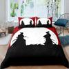 Japanese Samurai Bedding Set, Japan Sunset Landscape Building Silhouette Duvet Cover For Men Teens, Black Red