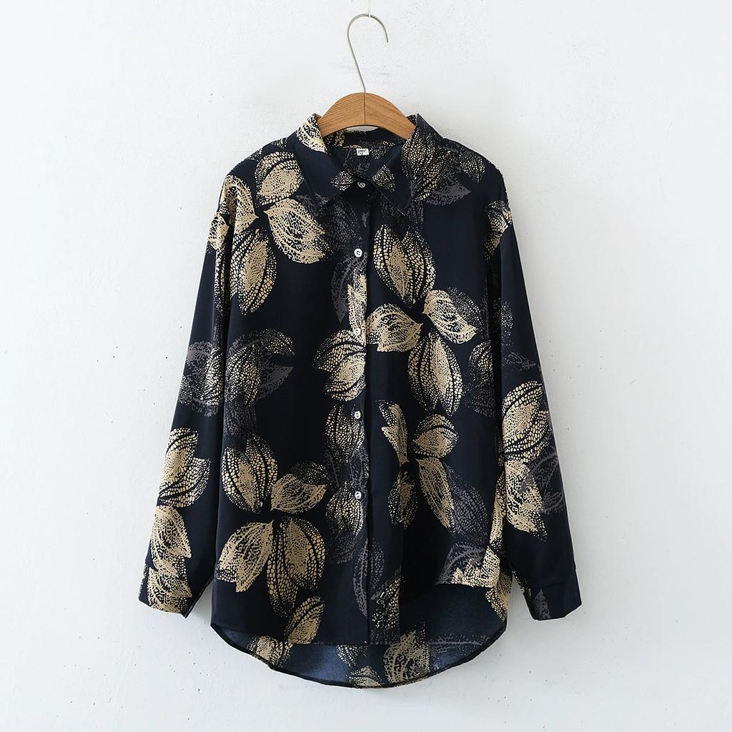 European and American Style Women's Flower Print Loose Collared Long Sleeved Fashionable Shirt