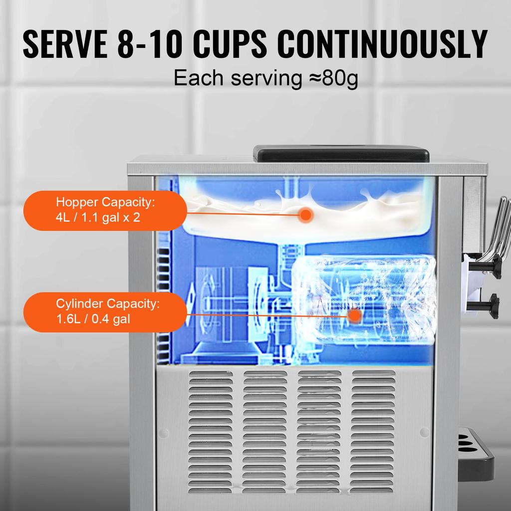 VEVOR Commercial Ice Cream Machine, 21 QT/H Yield, 1800W 3-Flavor Countertop Soft Serve Ice Cream Maker, 2 X 4L Hopper 2 X 1.8L Cylinder