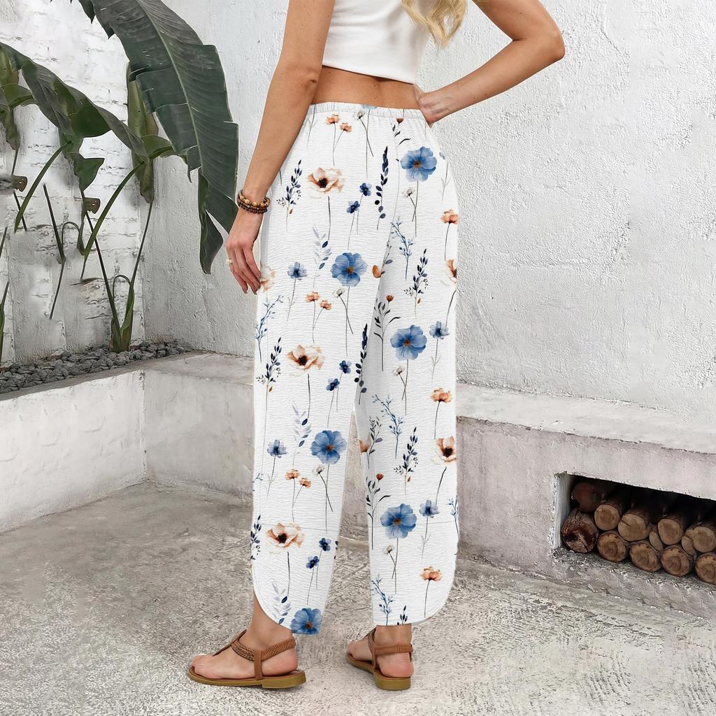 Women's Casual Straight Wide Leg Button Print Pattern Pants for Everyday Wear