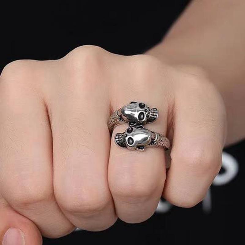 Europäischer und Amerikanischer Dominanter Schmuck Offener Doppelköpfiger Totenkopf Mode Ring Herrenring Schmuck