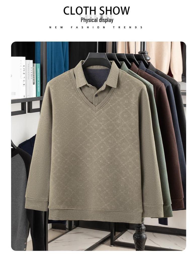 Fleece-Lined Two-Piece Lapel Polo Shirt: Men's Warm Autumn/Winter Casual Print Top