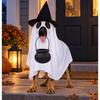 Dog Costume Set with Draped White Garment, Black Pointed Hat, Candy Bucket, and Structure Without Ties or Zippers