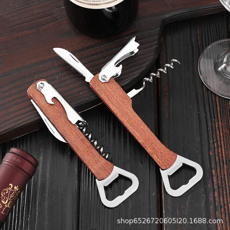 Herramienta Plegable Portátil de Madera y Acero Inoxidable Cuchillo Sacacorchos Abrebotellas de Vino Tinto Herramienta Multifuncional para Exteriores Accesorios de Bar