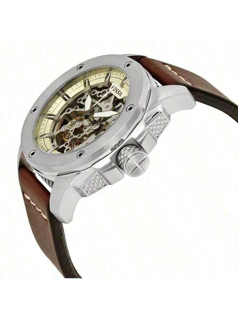 Herren-Automatik-Mechanik-Uhr mit Lederarmband, Drei-Zeiger-Design, Edelstahlgehäuse & Kratzfestes Glas (ME3083)