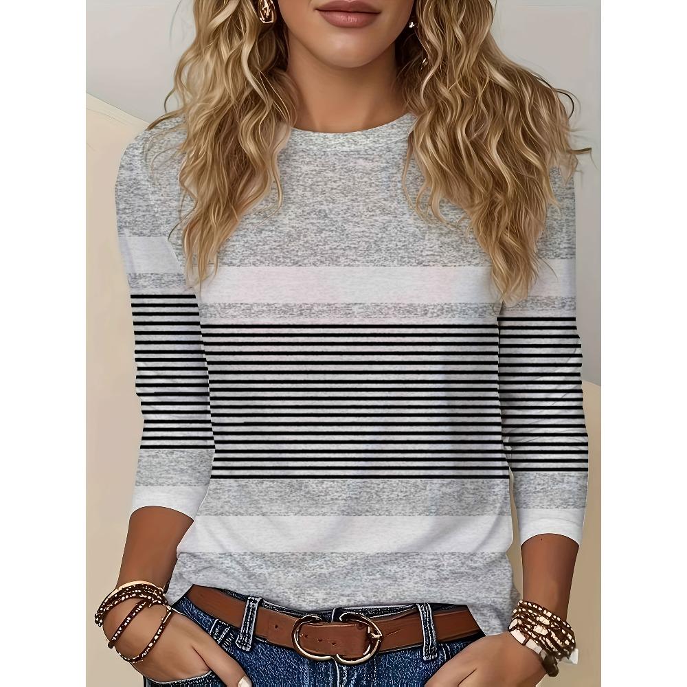 Gray and black striped spliced long-sleeved T-shirt, simple casual top, women's T-shirt, women's long-sleeved