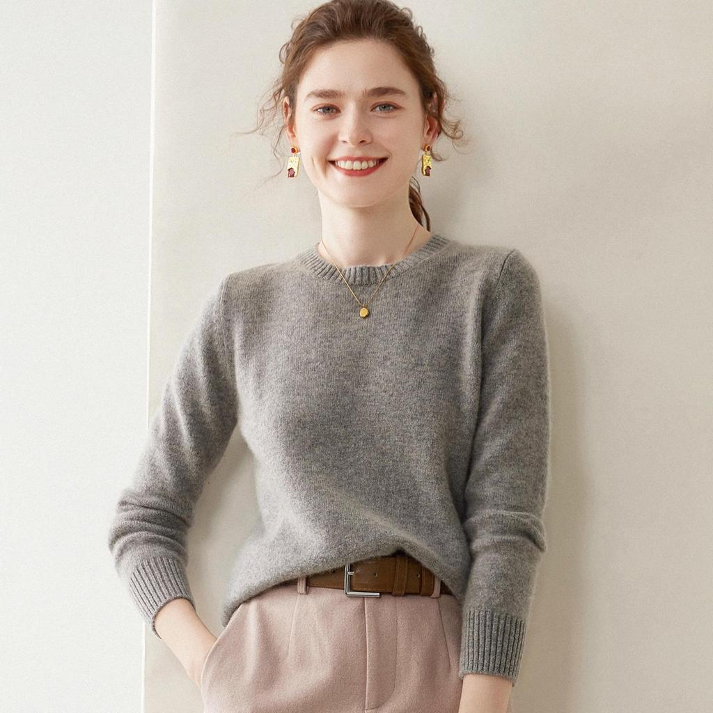 Women's 100% Pure Cashmere Round Neck Sweater - Versatile Style for Autumn and Winter