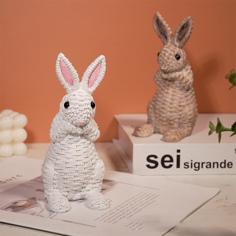 Rattan Effect Resin Bunny Easter Decor,Table Rabbit Easter Decorations,Spring Bunnies Decoration Statue Figurine