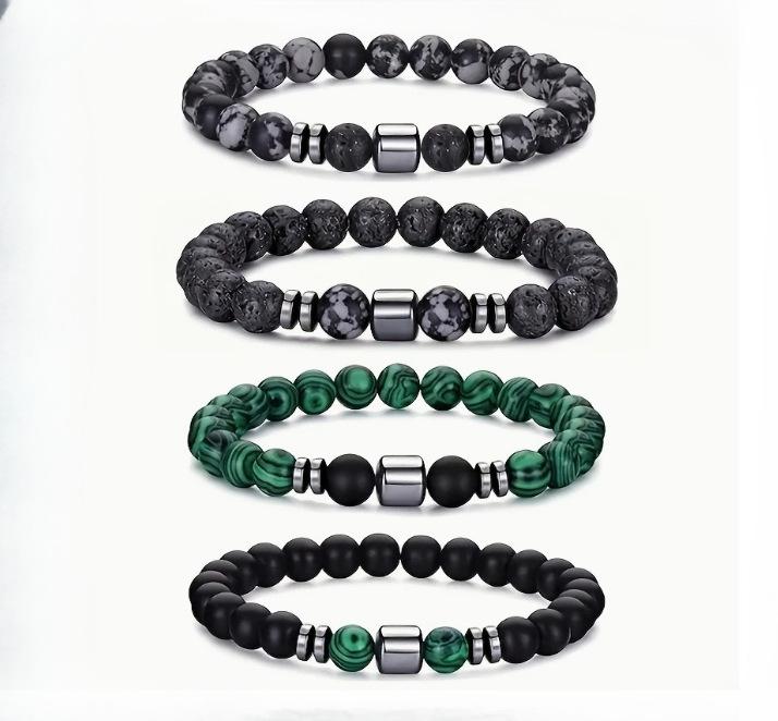 Tiger Eye, Volcanic & Map Stone Elastic Beaded Bracelet - Natural Stone Accessory