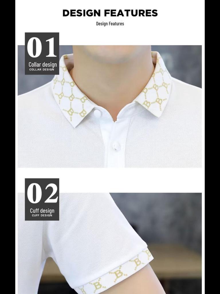Men's 2024 Summer Hong Kong Style Slim Fit Embroidered Polo with Color-Matched Lapel Short Sleeves